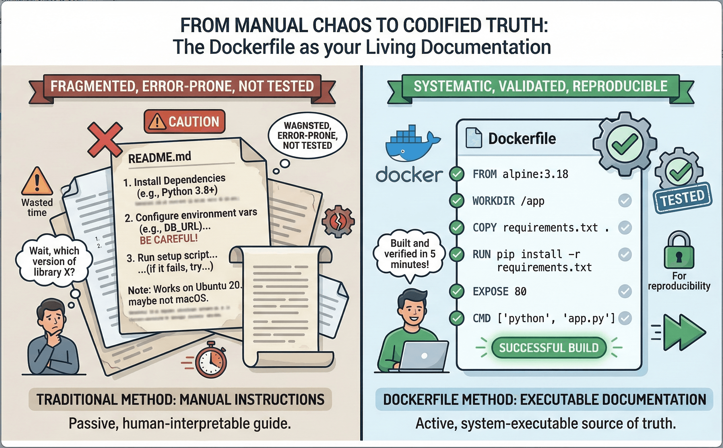 From Manual Chaos to Codified Truth — Traditional README instructions vs. Dockerfile as executable documentation