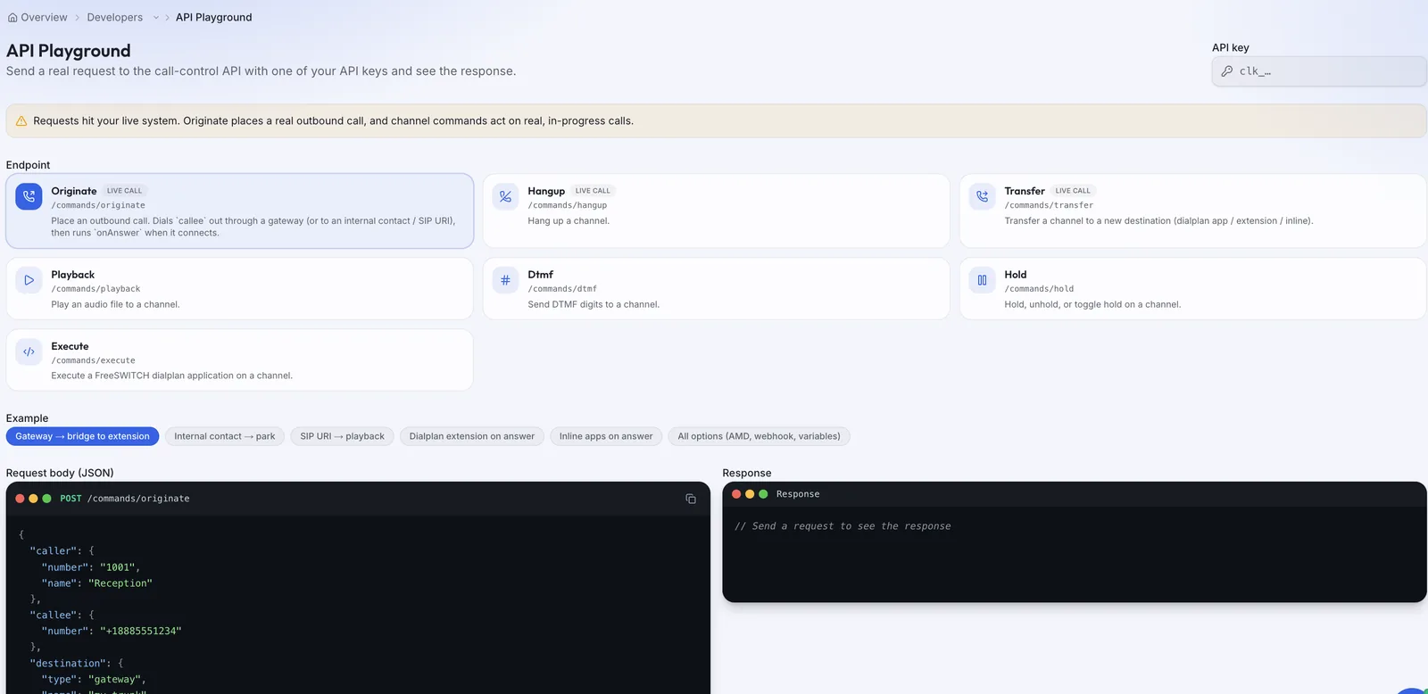 Clarion API playground showing programmable voice command endpoints and request body examples.