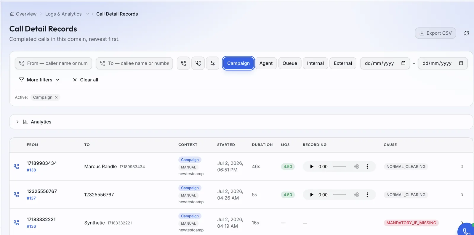 Clarion call detail records with filters, recordings, MOS scores, and campaign context.