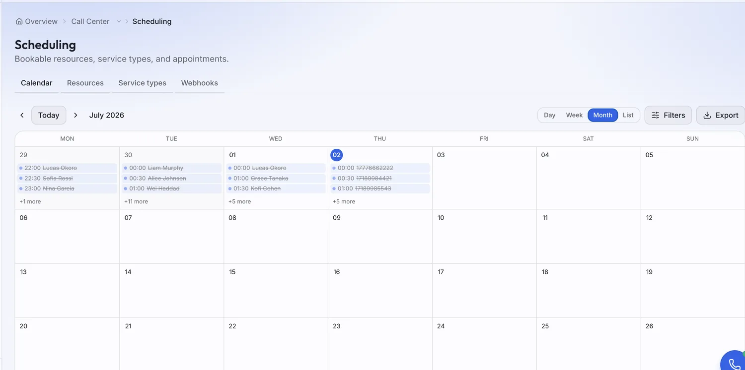 Clarion appointment scheduling calendar with service resources and bookings.