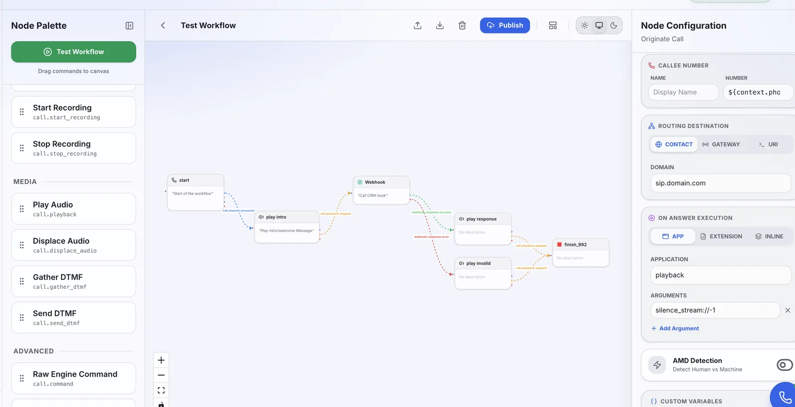 Clarion visual workflow designer with node palette, canvas, and node configuration panel.