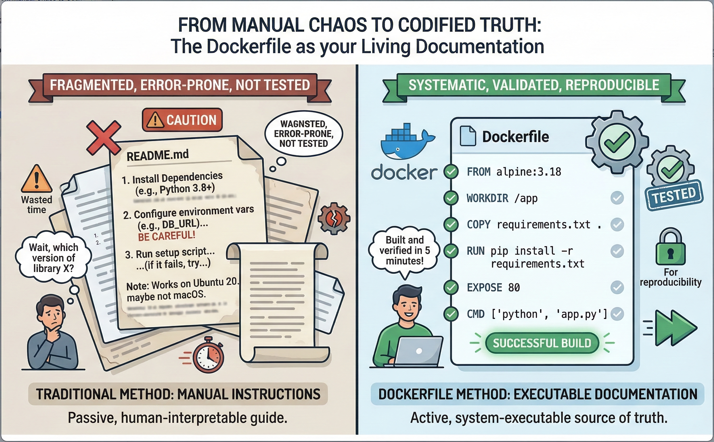 From Manual Chaos to Codified Truth — Traditional README instructions vs. Dockerfile as executable documentation